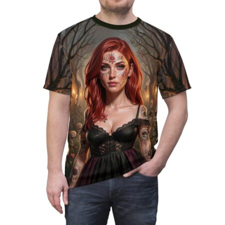 All over print sublimation tee featuring a Day of the Dead woman graphic with skulls and dark forest background.