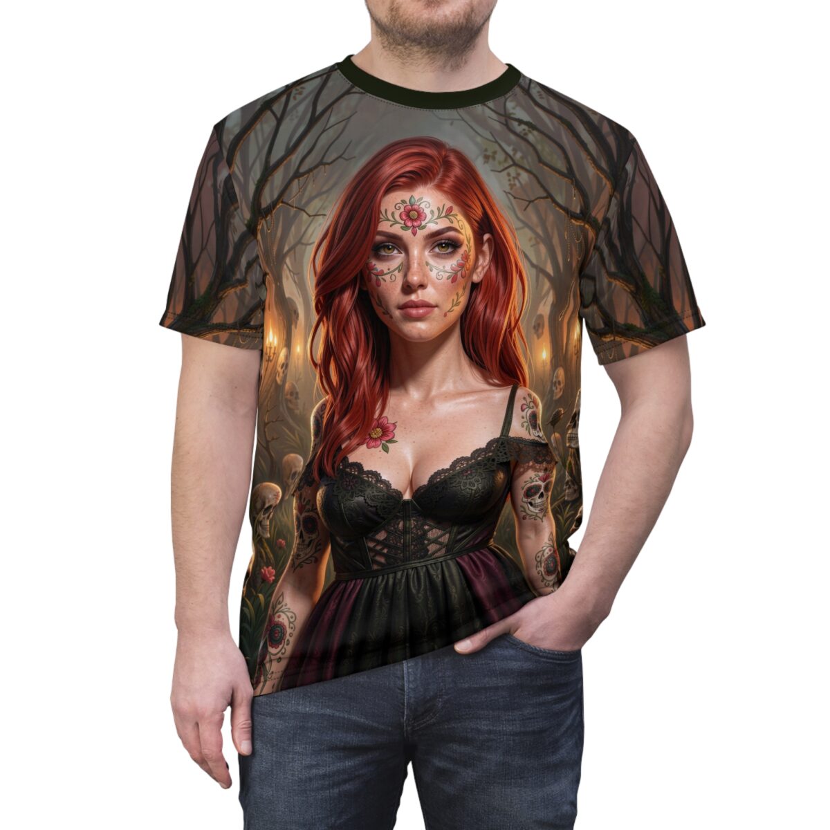 All over print sublimation tee featuring a Day of the Dead woman graphic with skulls and dark forest background.