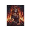 Dia de los Muertos sugar skull woman in fiery background wearing a floral tattoo-covered dress and a skull flower crown.