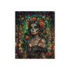 Dia de los Muertos sugar skull woman in floral crown and tattoos, surrounded by skulls and papel picado.