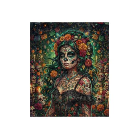 Dia de los Muertos sugar skull woman in floral crown and tattoos, surrounded by skulls and papel picado.