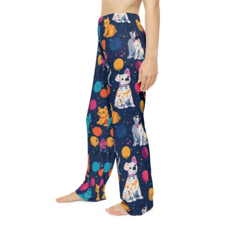 Navy all over print pajama pants featuring playful dogs, cats, and balloons graphic design. Seamless print sublimation pajamas.