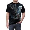 All over print t-shirt featuring a dark fantasy scene with a black dragon, elf woman, and full moon. Sublimation tee graphic.
