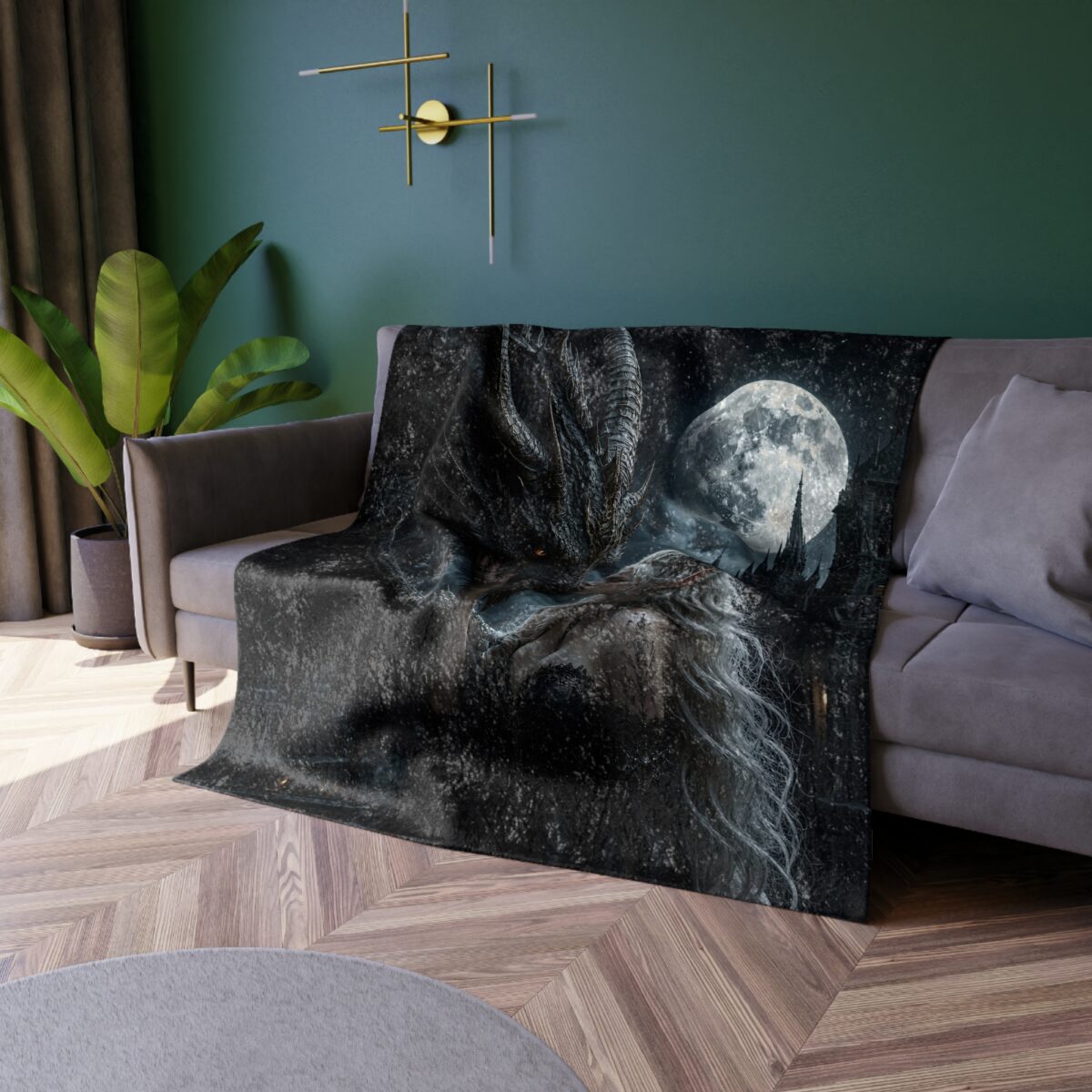 Fantasy dragon and full moon graphic on a dark, detailed throw blanket, featuring castle silhouette.