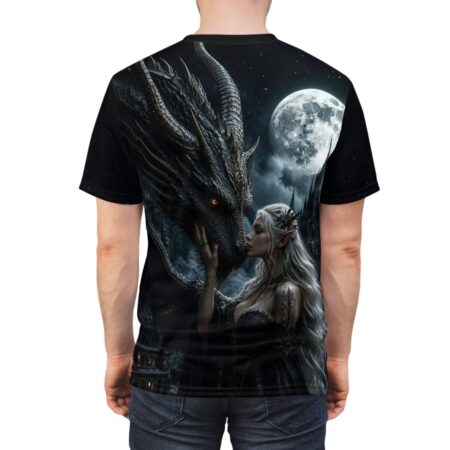 Gothic fantasy all over print sublimation tee featuring a black dragon, elf woman, and full moon against a castle backdrop.
