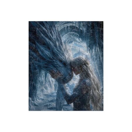 Fantasy art of a woman with long blonde hair touching a blue dragon's face in an icy cave setting, sublimation tee.