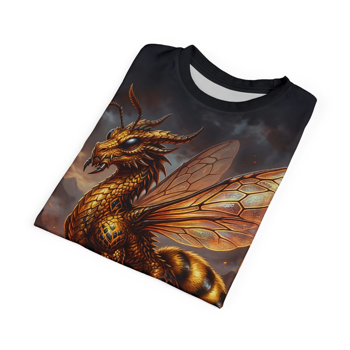 Dragon bee hybrid sublimation tee featuring a detailed golden insectoid dragon with striped abdomen and translucent wings.