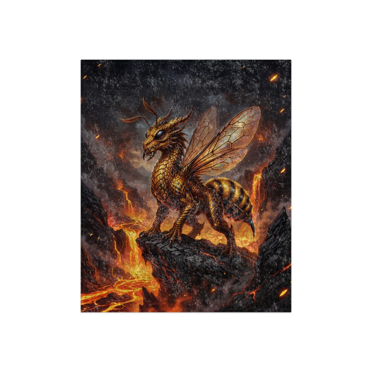 Fantasy dragon bee creature on a volcanic rock overlooking lava flow, featuring detailed scales and insect wings.