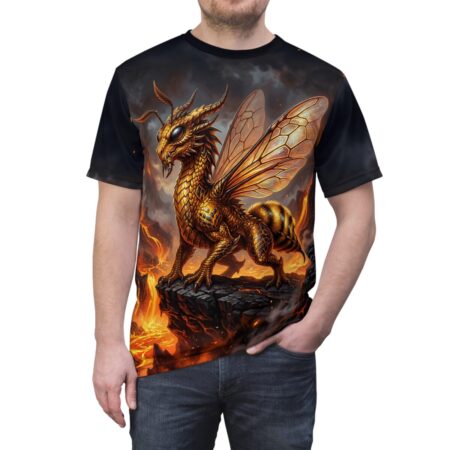 Golden dragon bee creature graphic on a black all over print sublimation tee with a fiery background.