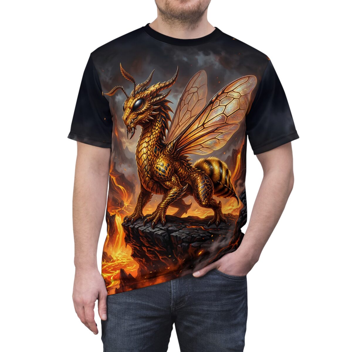 Golden dragon bee creature graphic on a black all over print sublimation tee with a fiery background.
