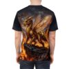 Golden dragon bee hybrid all over print sublimation tee featuring a fiery volcanic landscape and insect wings.