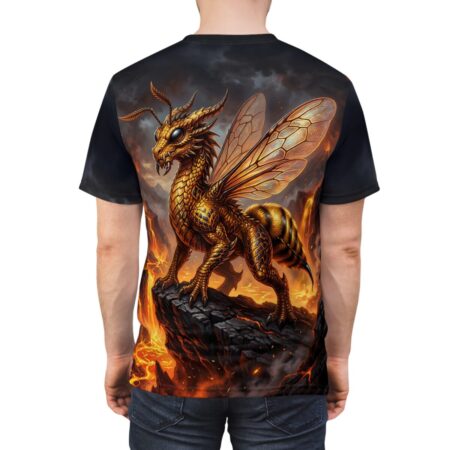 Golden dragon bee hybrid all over print sublimation tee featuring a fiery volcanic landscape and insect wings.