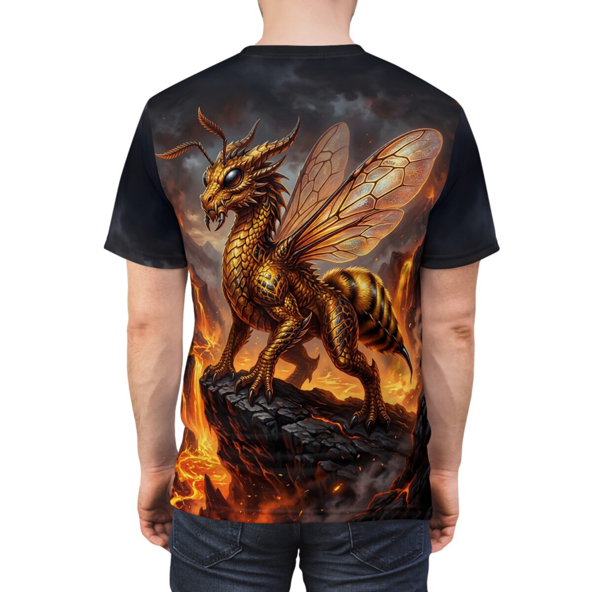 Golden dragon bee hybrid all over print sublimation tee featuring a fiery volcanic landscape and insect wings.