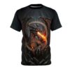 Dragon all over print sublimation tee, breathing fire with glowing runes in a dark fantasy design.