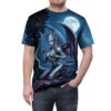 All over print t-shirt featuring a detailed fantasy dragon goddess in a mystical moonlit forest setting.