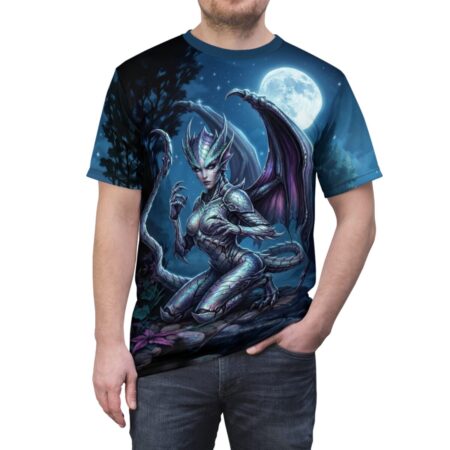 All over print t-shirt featuring a detailed fantasy dragon goddess in a mystical moonlit forest setting.