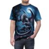 All over print sublimation tee featuring a fierce dragon in a moonlit forest scene. Includes wrap around graphic design.