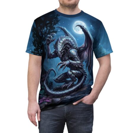 All over print sublimation tee featuring a fierce dragon in a moonlit forest scene. Includes wrap around graphic design.