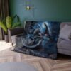 All over print throw blanket featuring a dark fantasy dragon design with a moonlit night sky and forest elements.