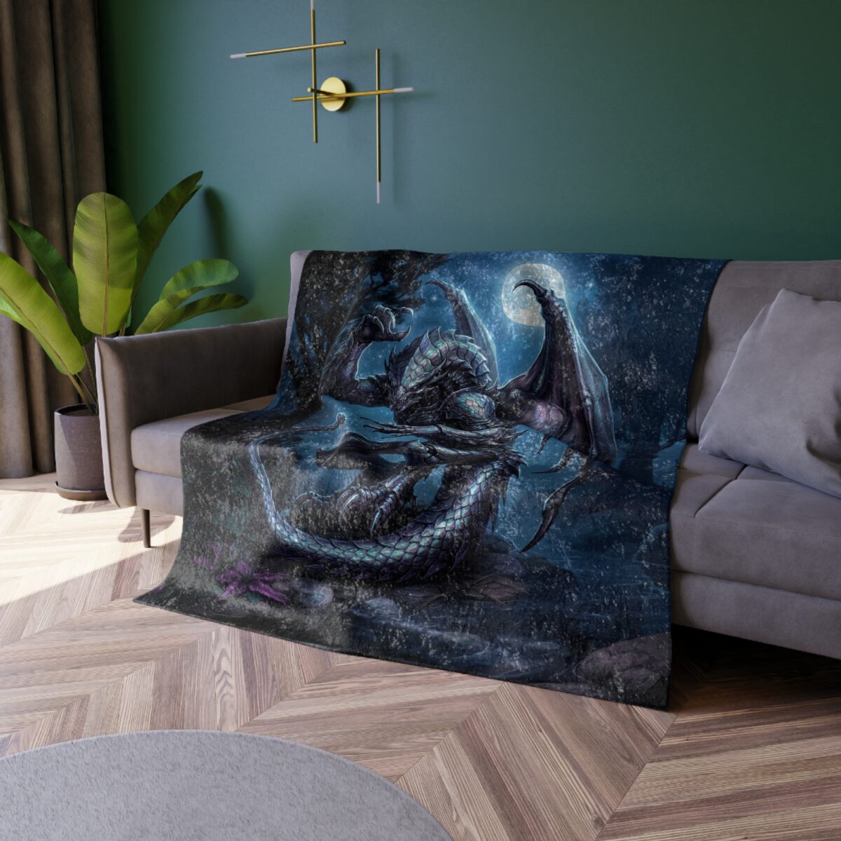 All over print throw blanket featuring a dark fantasy dragon design with a moonlit night sky and forest elements.