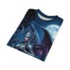 All over print sublimation tee featuring a fantasy dragon woman with wings and scales under a full moon and starry night sky.