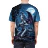 All over print t-shirt featuring a detailed fantasy dragon woman in armor under a full moon and night sky with a starry background.