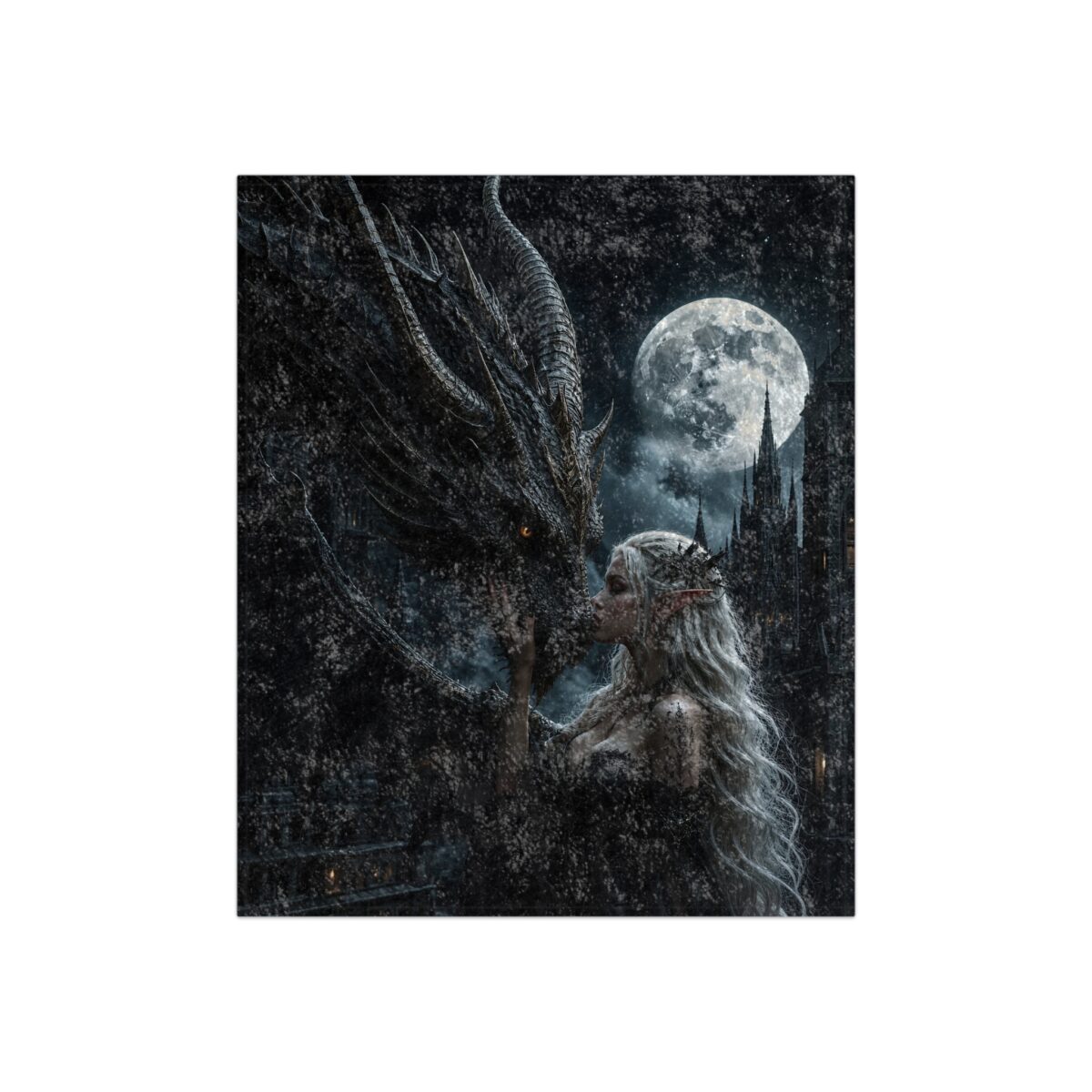 Fantasy art print of a woman with long blonde hair kissing a dark dragon in front of a castle under a full moon.