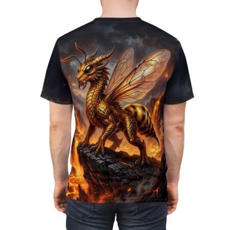Dragonfly bee hybrid creature on rocky cliff with lava background sublimation tee.