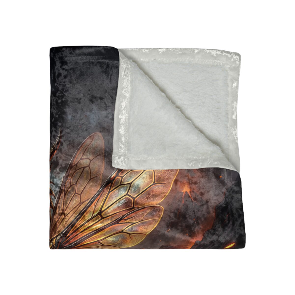 Fantasy dragonfly wing pattern fleece throw blanket with sherpa lining. Detailed, warm orange and brown insect wing design on dark background.