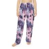 Whimsical castle and unicorn all over print sublimation pajama pants with a dreamy pink and purple fantasy landscape.