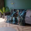 Streetwear aesthetic all over print blanket featuring a grunge monkey with a 'RIDE' hat in a rainy city street with lightning.