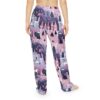 Fantasy castle and unicorn graphic sublimation pajama pants, featuring a whimsical, seamless wrap-around design with pink, purple, and blue hues.