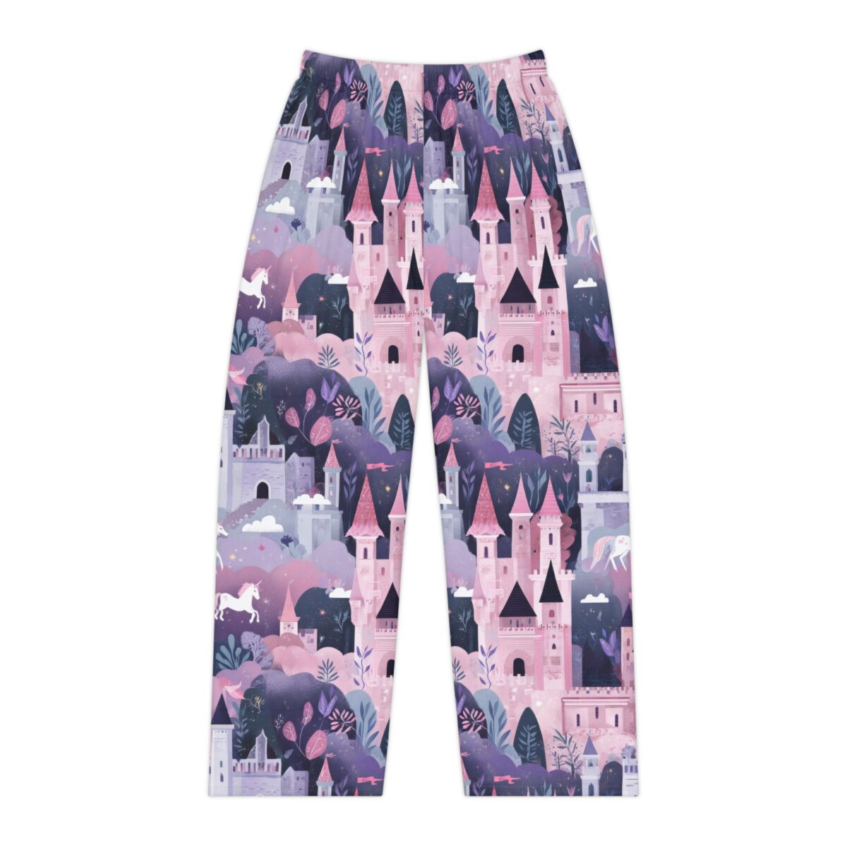 Whimsical all over print pajama pants featuring pink castles and white unicorns in a fantasy landscape, perfect for dreamers.