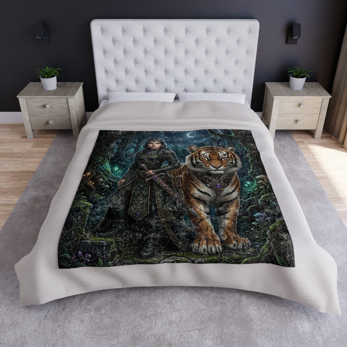 Enchanted forest woman with tiger, dark green ornate robe, moonlit jungle scene, all over print sublimation blanket.