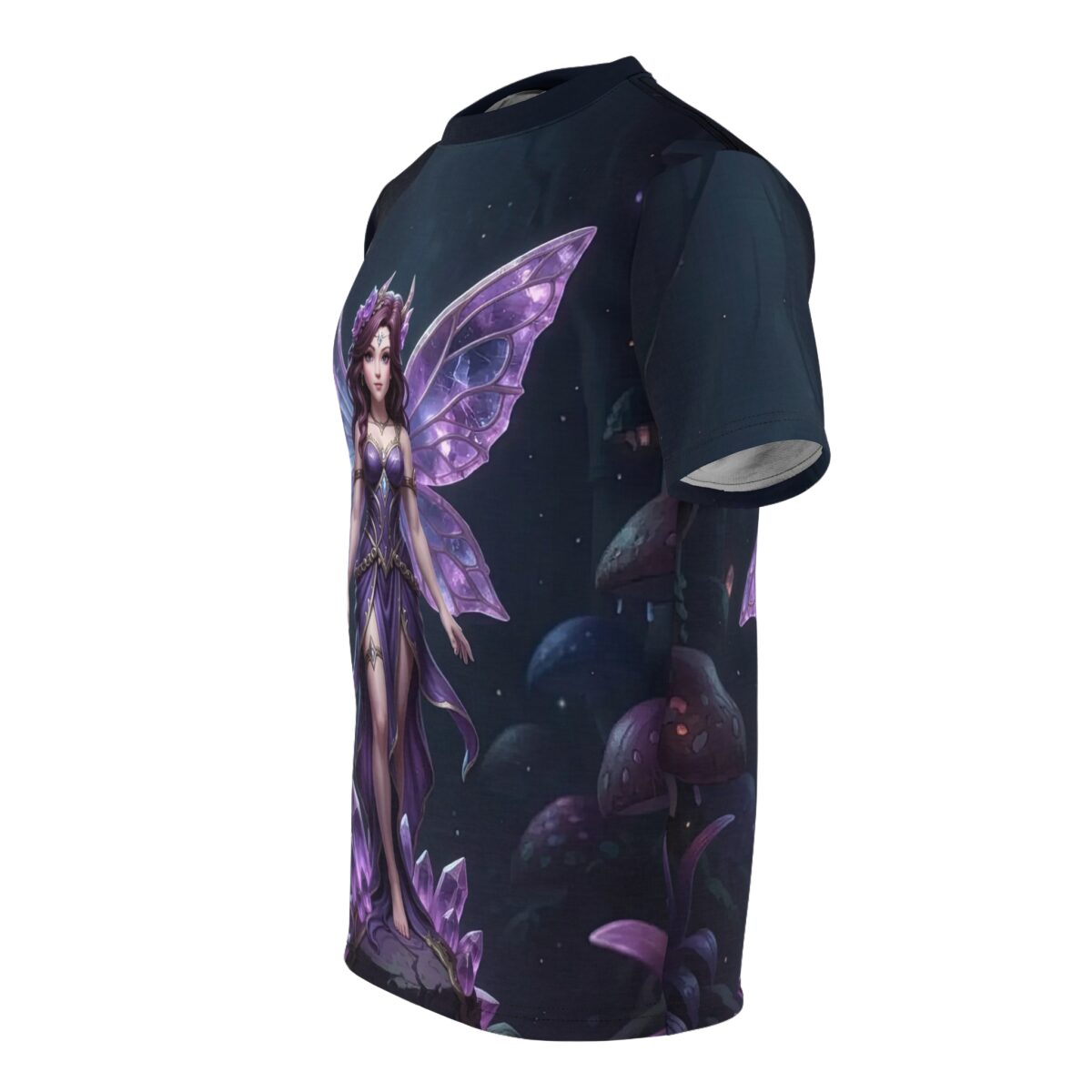 Fantasy all over print women's sublimation tee with a purple fairy and glowing mushrooms.