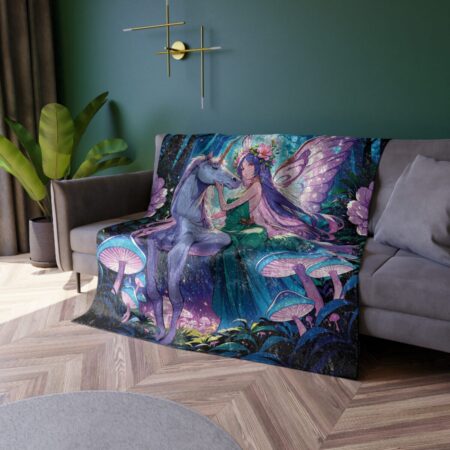Fairy unicorn forest all over print sublimation throw blanket featuring vibrant magical mushrooms and stars.