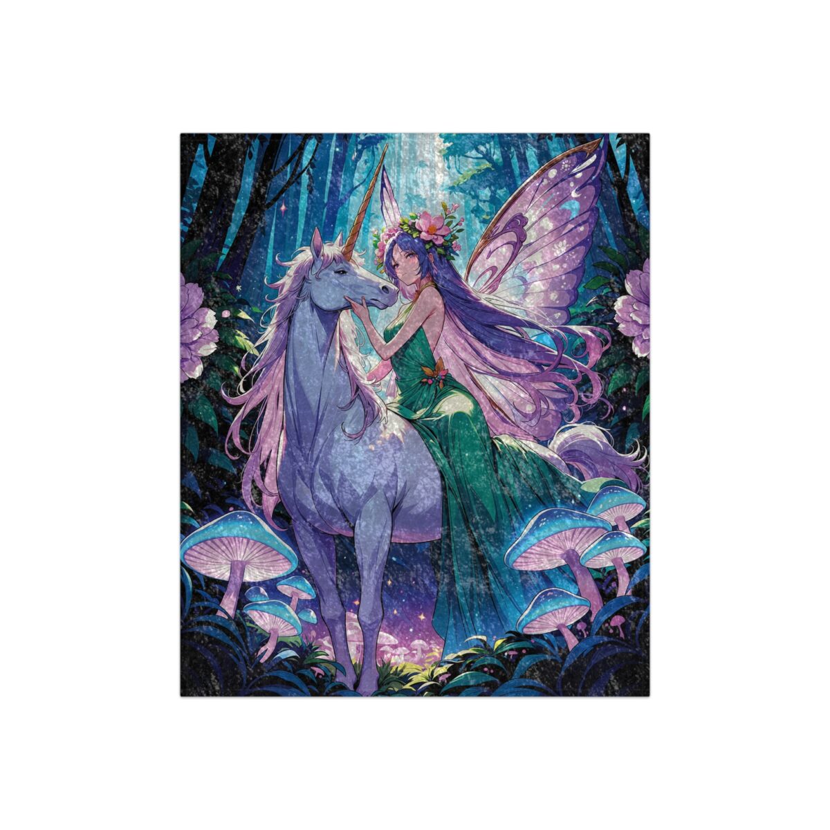 Enchanted forest scene with a fairy, unicorn, and glowing mushrooms, featuring an all over print sublimation tee.