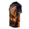 Fantasy bee dragon with large wings standing on rocky terrain with lava flows, sublimation tee.