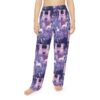 Purple all over print pajama pants featuring unicorns, fantasy castles, and magical flora. Seamless sublimation tee design.