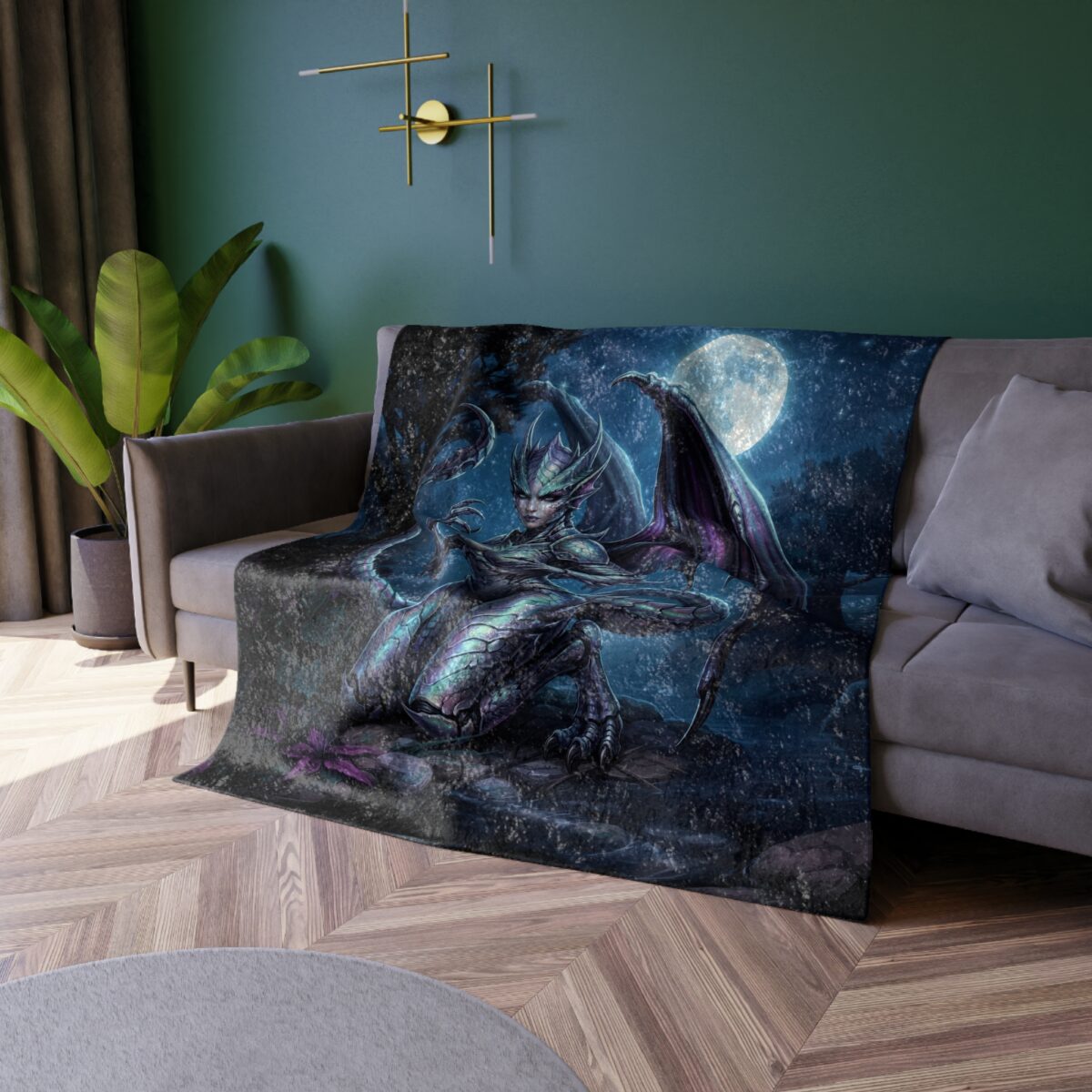 Dark fantasy dragon creature blanket featuring a winged being in a mystical forest under a full moon, dark aesthetic sublimation wrap around graphic.