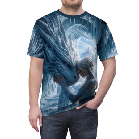 All over print sublimation tee featuring a fantasy ice dragon nuzzling an ethereal princess in an icy landscape.