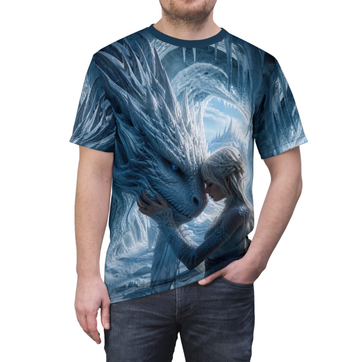 All over print sublimation tee featuring a fantasy ice dragon nuzzling an ethereal princess in an icy landscape.