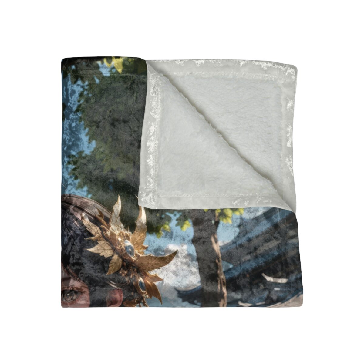 Fantasy dragon warrior sublimation blanket featuring a detailed golden dragon mask and eastern temple landscape. Cozy fleece throw.