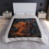 Fantasy fire tiger and warrior woman sublimation print blanket featuring a mystical forest scene with glowing embers.
