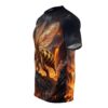 Fantasy insect creature with bee stripes and insect wings, standing on volcanic rocks with lava flows, featured on an all over print sublimation tee.