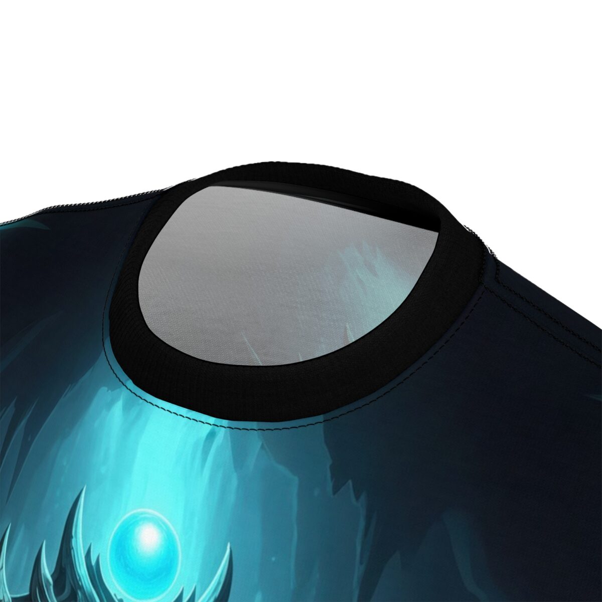 Fantasy orb design all over print sublimation tee with a glowing blue orb and icy blue cave graphic.