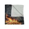 Plush blanket features a fantasy tiger with flaming fur and a forest background, creating a mythical and warm design.