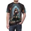 Fantasy warrior woman in green dress and armor holding sword on all over print sublimation tee with dark forest background.