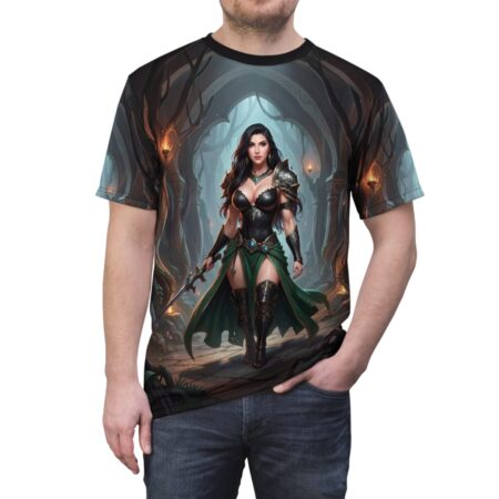 Fantasy warrior woman in green dress and armor holding sword on all over print sublimation tee with dark forest background.