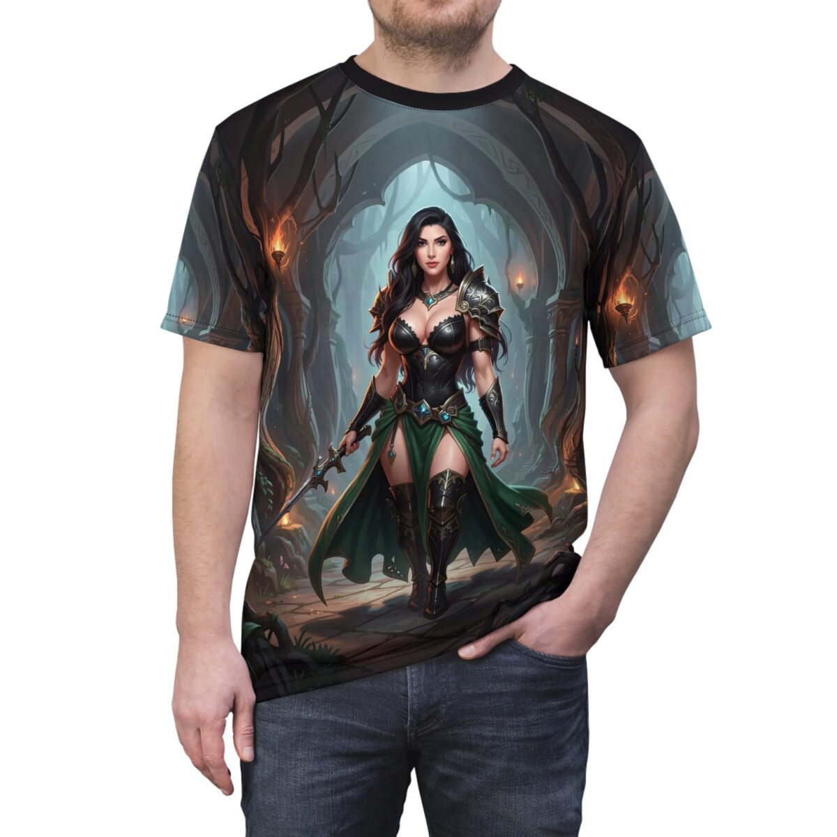 Fantasy warrior woman in green dress and armor holding sword on all over print sublimation tee with dark forest background.
